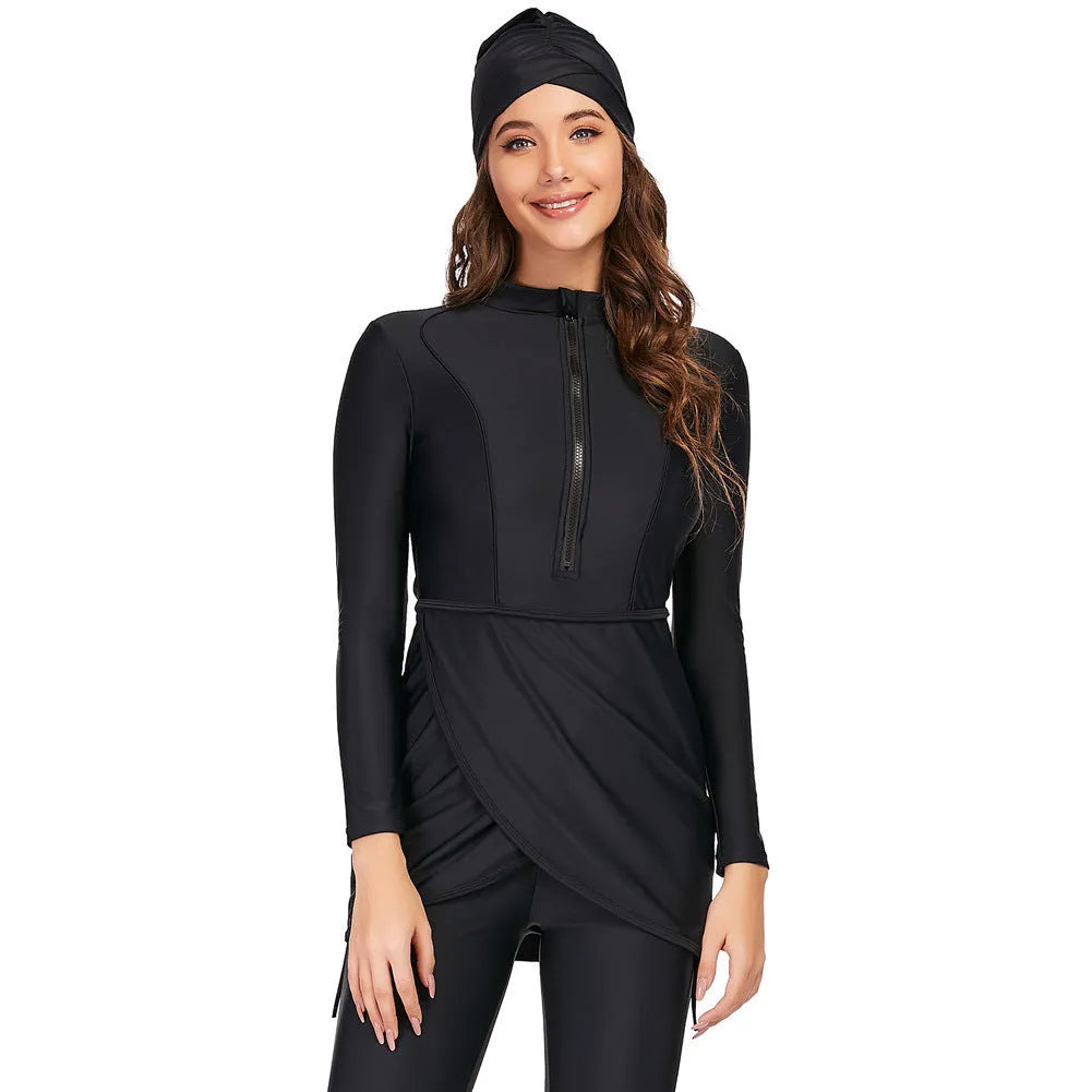 Black conservative Muslim swimsuit for ladies with quick-drying lining in S to 4XL sizing