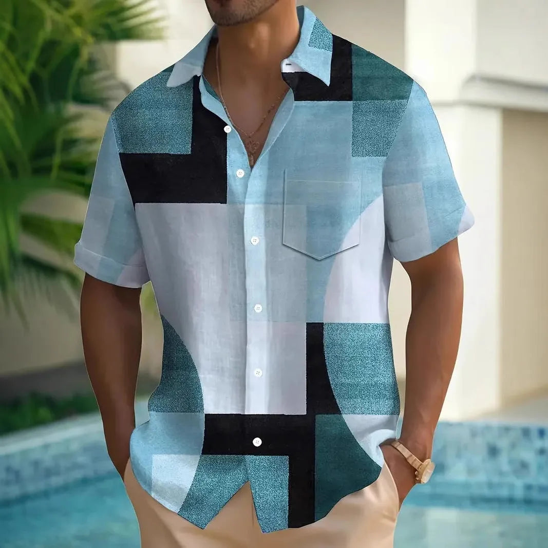 Men's retro geometric pattern cardigan shirt in loose fit with contrasting square design