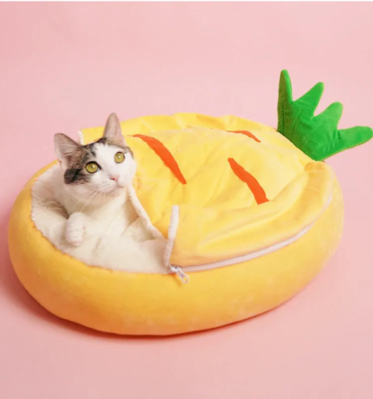 Yellow semi-enclosed carrot-shaped cat nest sleeping bag made of cotton fabric on a light background