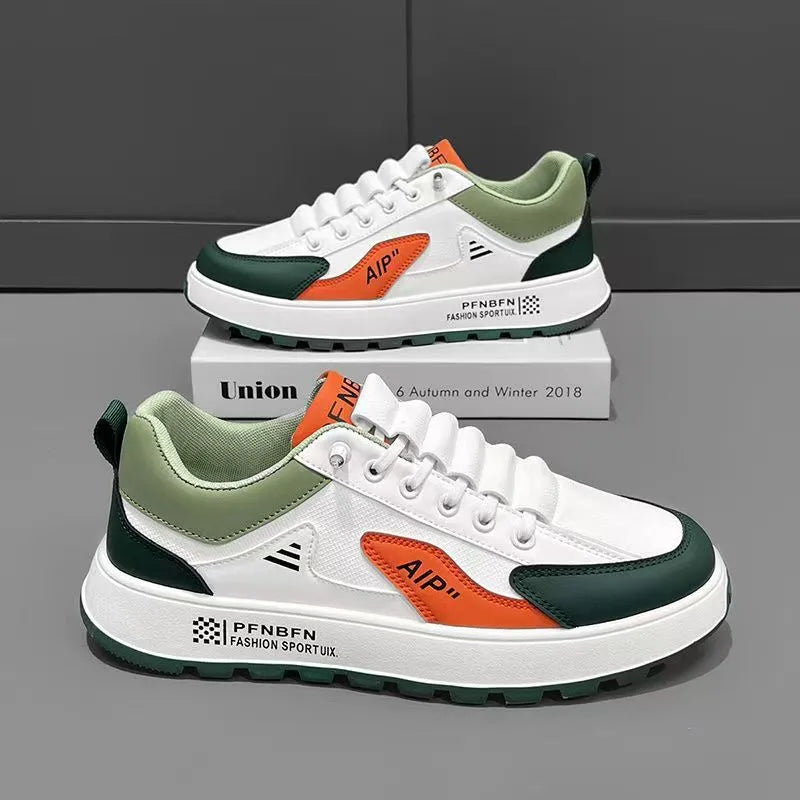 Men's solid colour casual shoes with round toe and artificial PU uppers in white/orange, black, and brown.