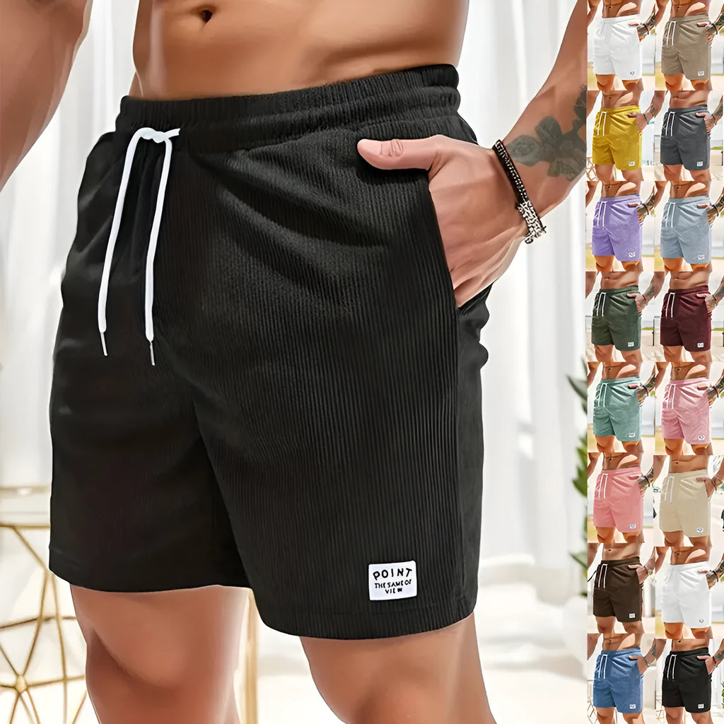 Men's corduroy drawstring shorts with lace-up front, straight-leg fifth-length cut, two-tone colourways, sizes S to 2XL