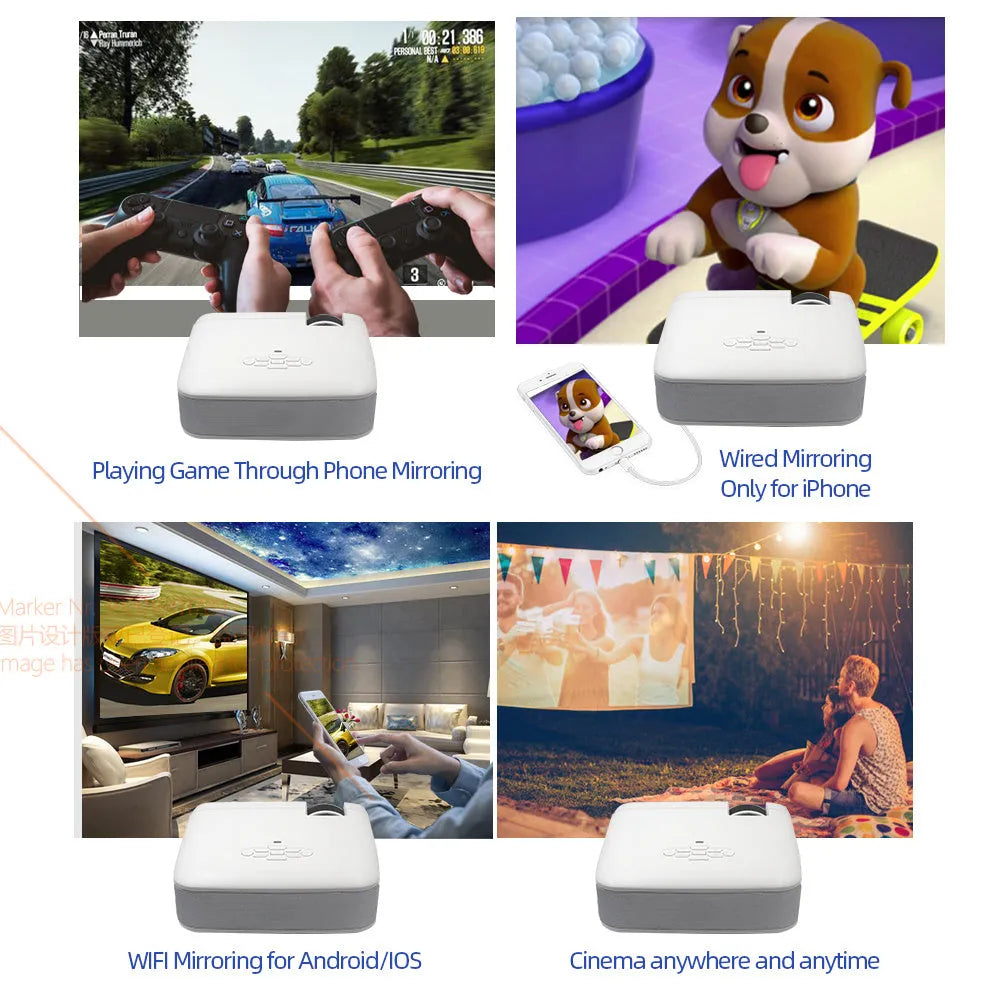 AUN D40W white mini LED projector with WiFi mirroring, USB port, and built-in speaker for home cinema