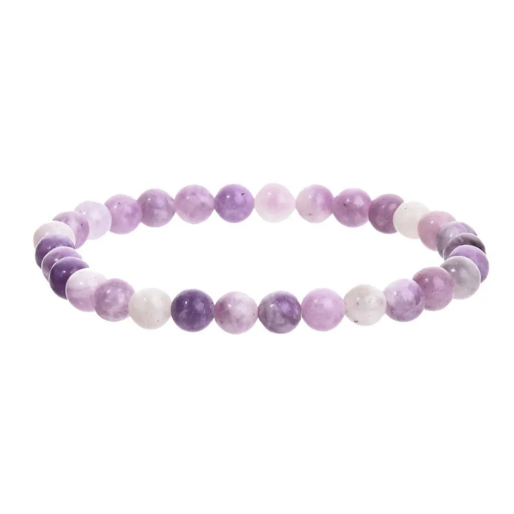 Purple geometric stone elastic bracelet showing handcrafted beads on stretch band