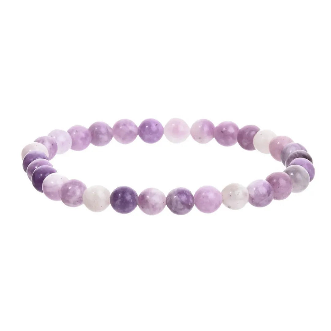 Purple geometric stone elastic bracelet showing handcrafted beads on stretch band