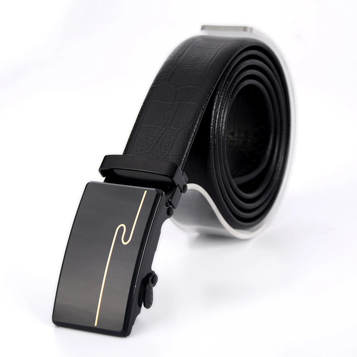 Men's automatic buckle belt with iron mirror acrylic buckle, imitation leather strap, patent leather finish