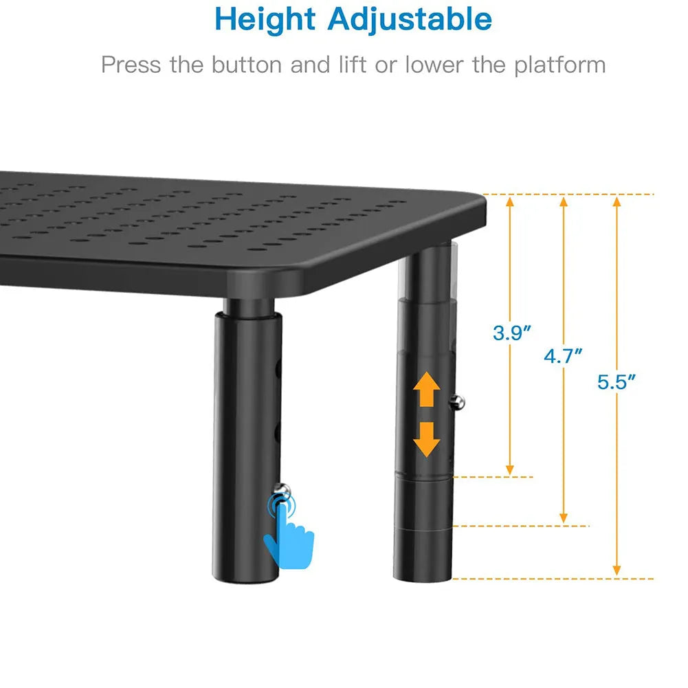 Black iron mesh height adjustable desktop rack for computer monitor and notebook, 370x235x140mm with anti-slip surface