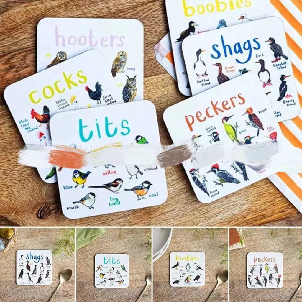 Square bird pun coasters, PVC drink mats 10x10x0.35 cm, 6 or 12 piece set with bird charts.