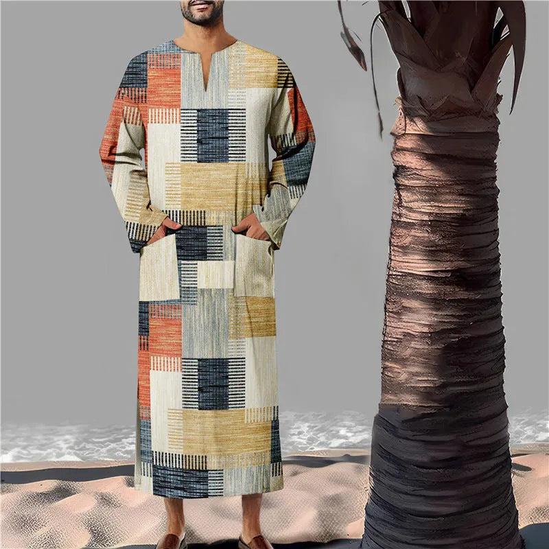 Men's classic Arabic long robe in bamboo linen with colour matching pattern, loose fit, front view