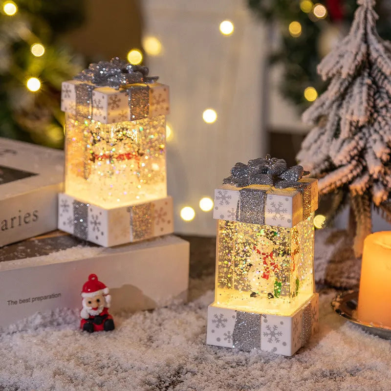 Christmas crystal ball gift box light in plastic, cartoon style, 5.5 x 5.5 x 11.5 cm, white snowman design