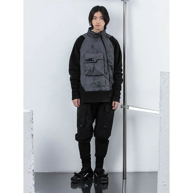 Men's black loose hooded fleece jacket with trend stitching, cotton material, available in sizes M to XXL.