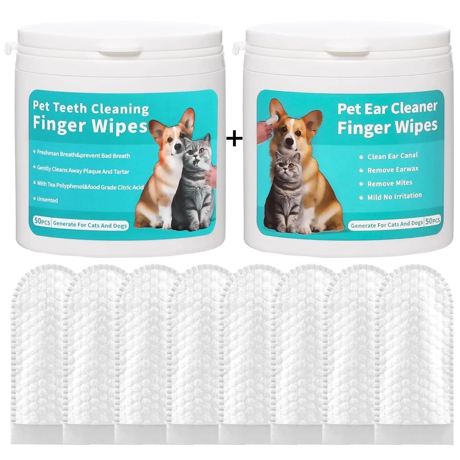 Box of disposable pet cleaning wipes for ear care and teeth cleaning for cats and dogs.
