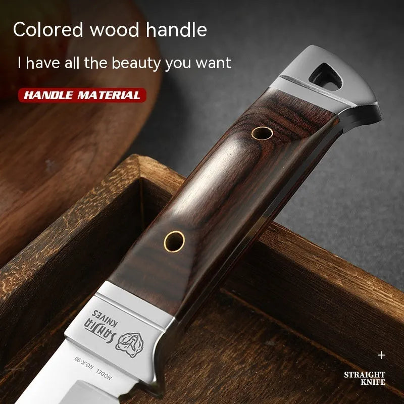 National style stainless steel camping fruit knife shown with its leather protective case.