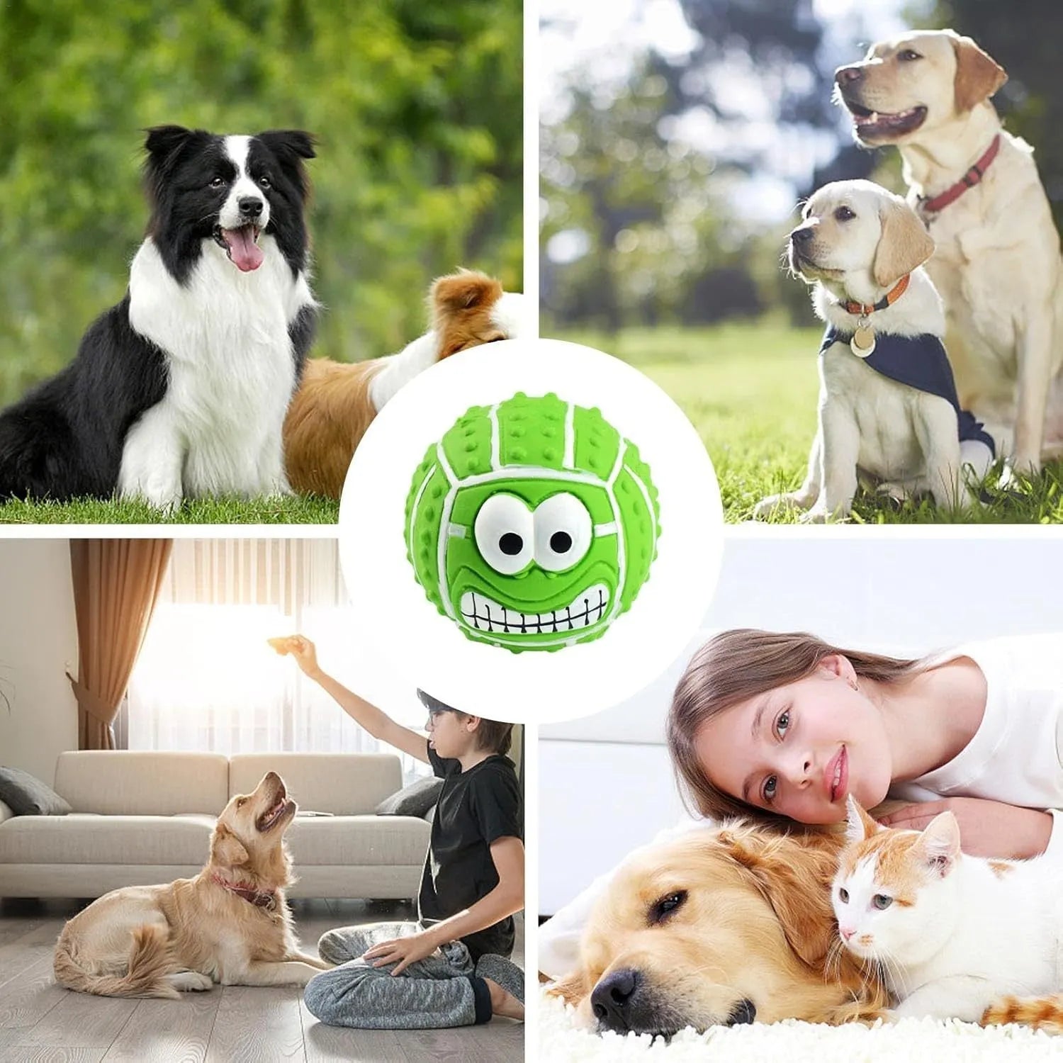 Green latex squeaky dog ball with smile face design for fetch and chew play