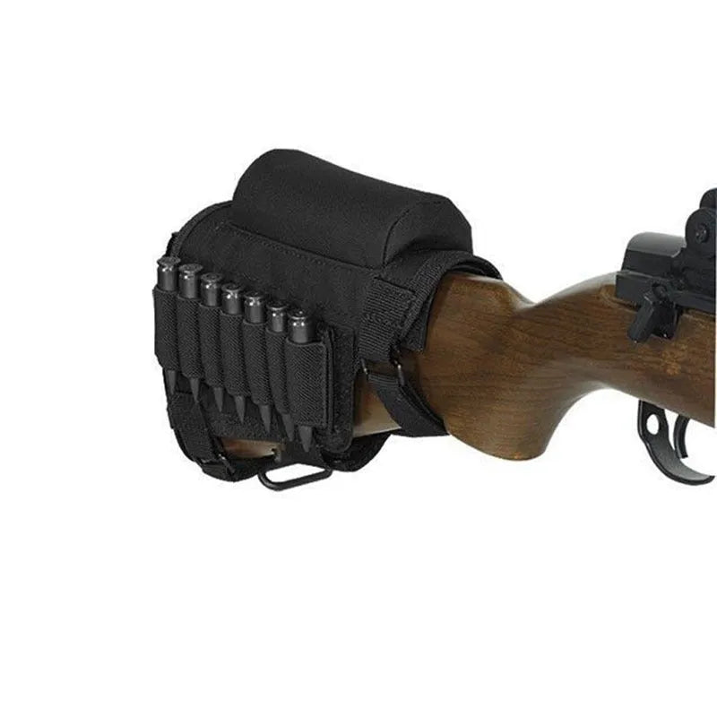 Black nylon cheek rest for rifle stock with hook and loop straps and removable ammo carrier