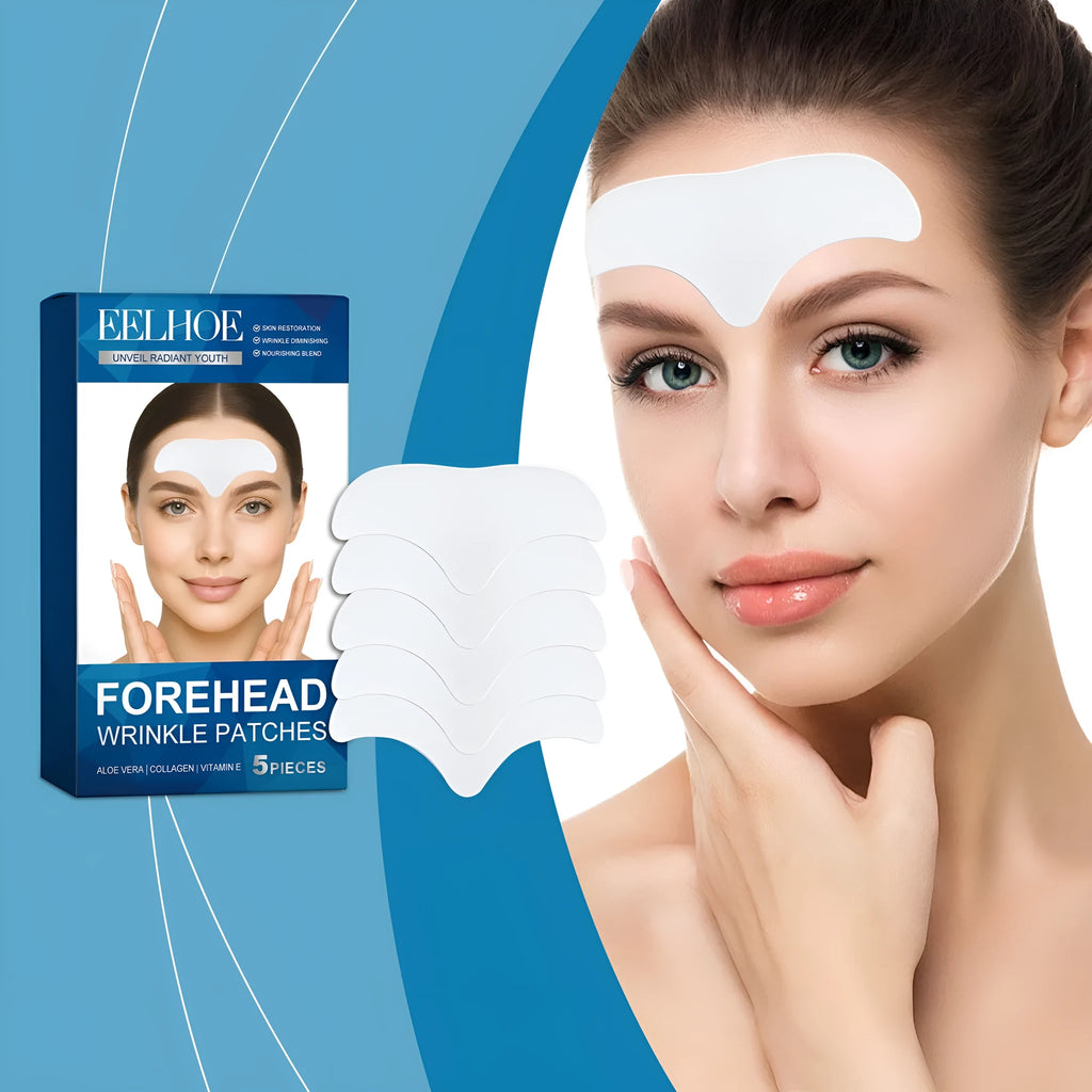 Pack of five white forehead skincare patches on non-woven fabric for moisturising treatment.