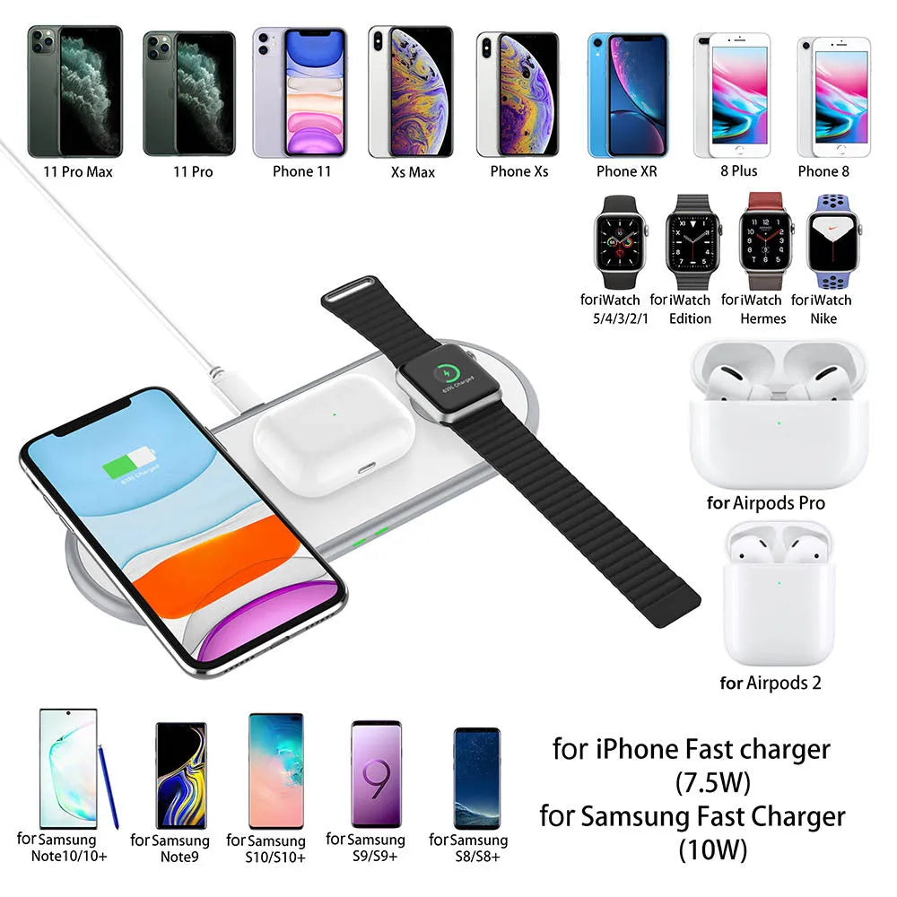 3 in 1 wireless charger in black or white, 21 x 8.5 x 0.8cm, with dual coil pad for iPhone, Apple Watch and AirPods
