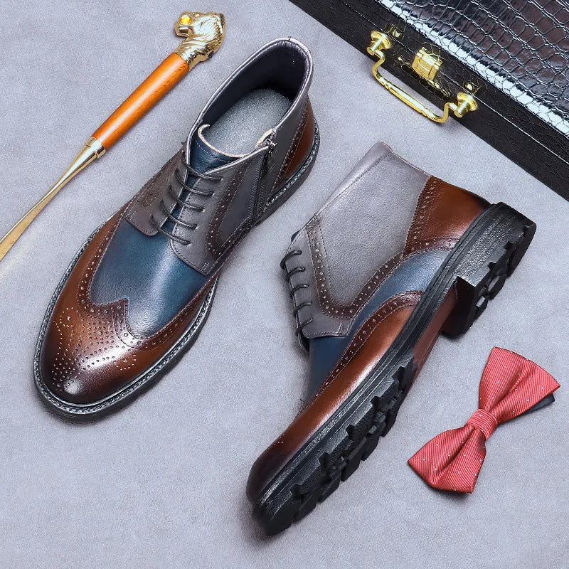 Men's curry blue leather brogue boots with colour blocking and carved stitching details on a low square heel.
