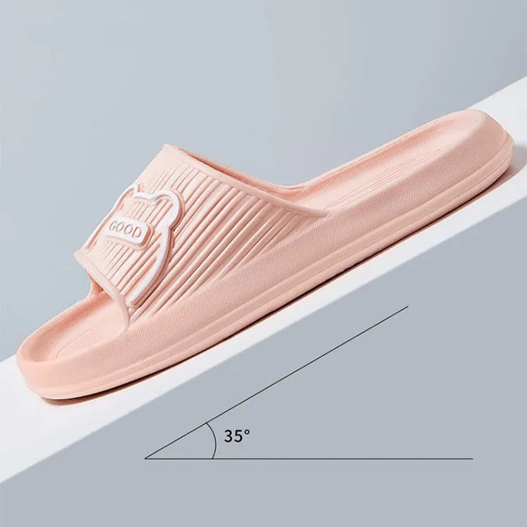 Unisex cartoon bear EVA slippers in light green with open toe and flower detail for bathroom use