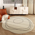 Square polyester carpet with printed stripes, shown in a living room or bedroom, available in six sizes from 60x60cm to 180x180cm.