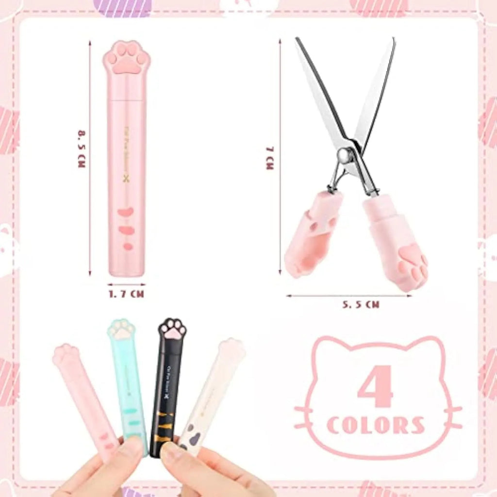 Small folding cat paw mini scissors with stainless steel blade in pink, white, black, and blue colour options.