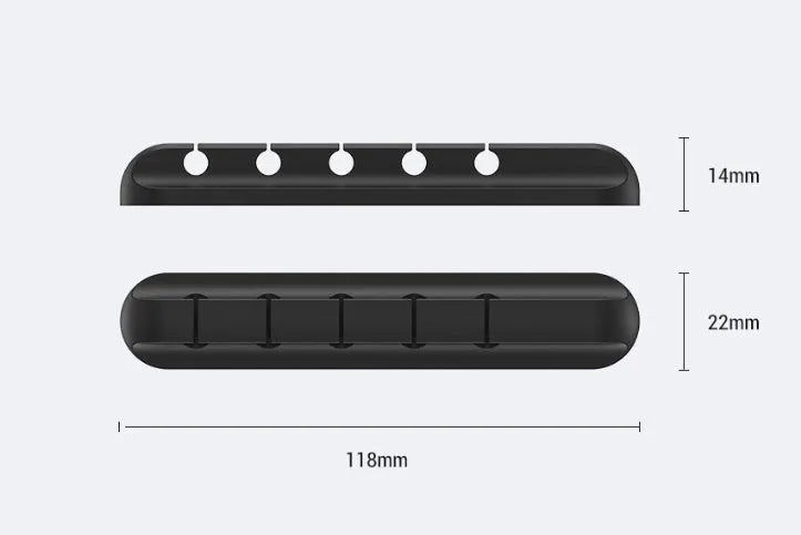 Black organic silicone desktop cable manager clips holding USB cables on a desk