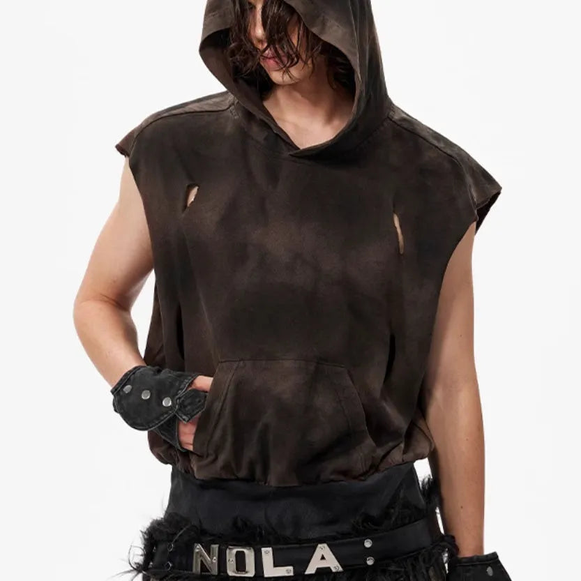 Khaki coloured cotton short hooded vest with short sleeves on a hanger.
