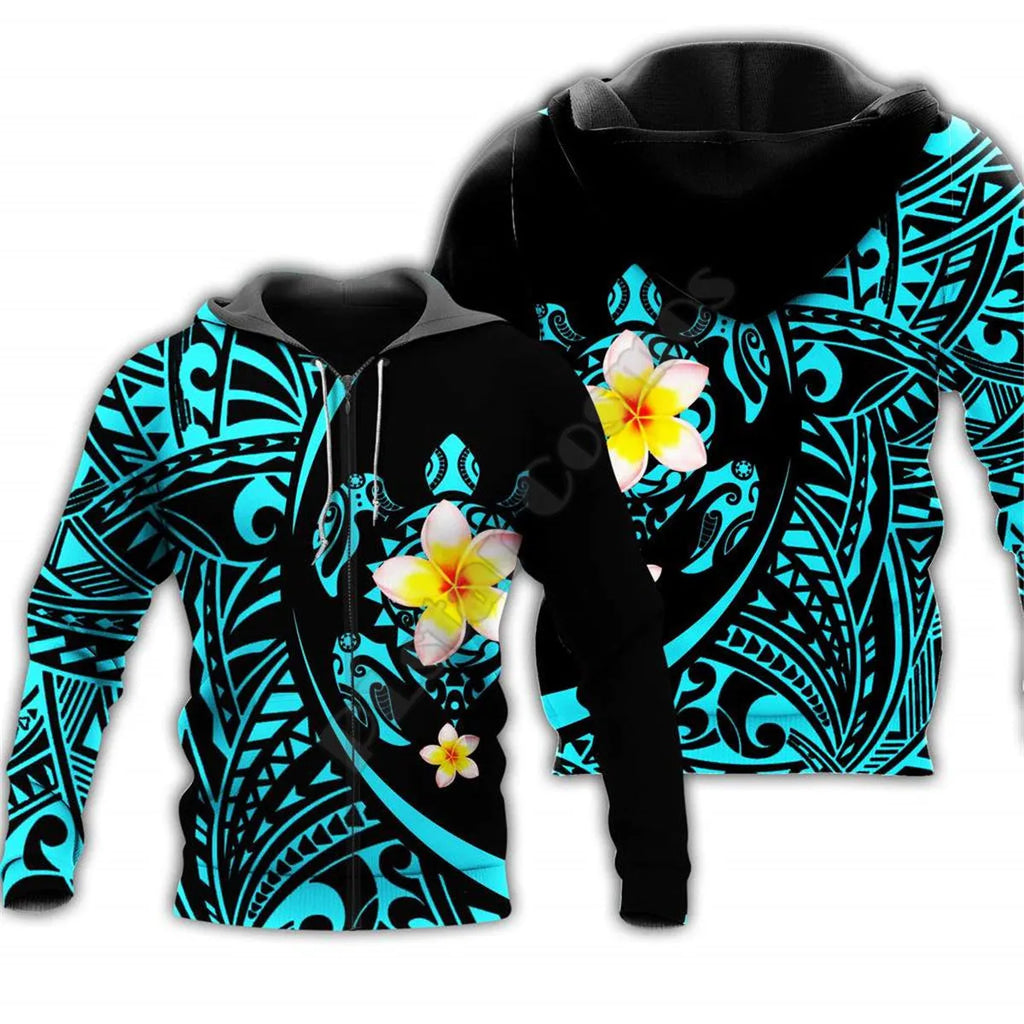 A loose fit 3D turtle print zipper hoodie in polyester with a front zipper and hood, available in multiple Asian sizes.