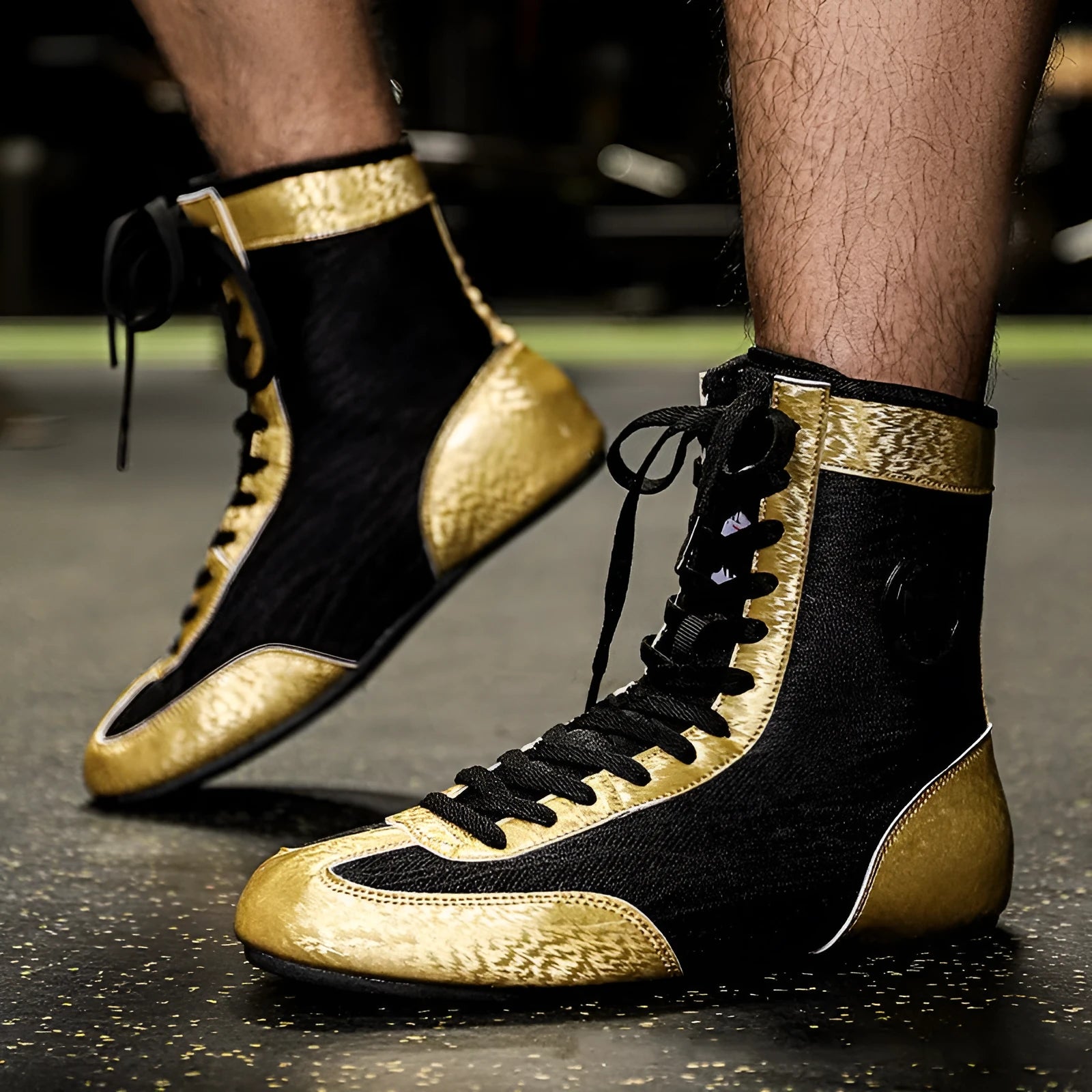 Professional black gold mesh boxing shoes with white leather panels and black detailing, shown in size 42.