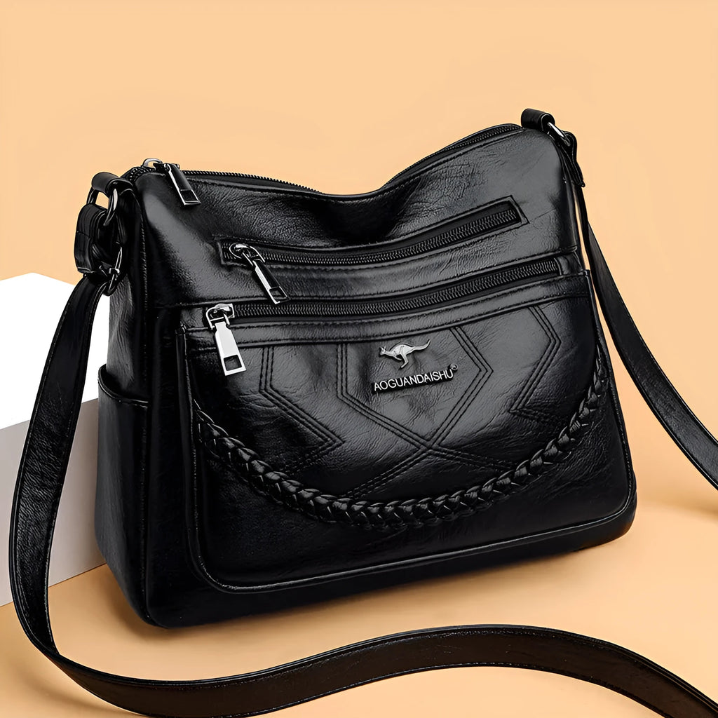 Soft black PU leather crossbody shoulder bag with a horizontal square shape and large capacity