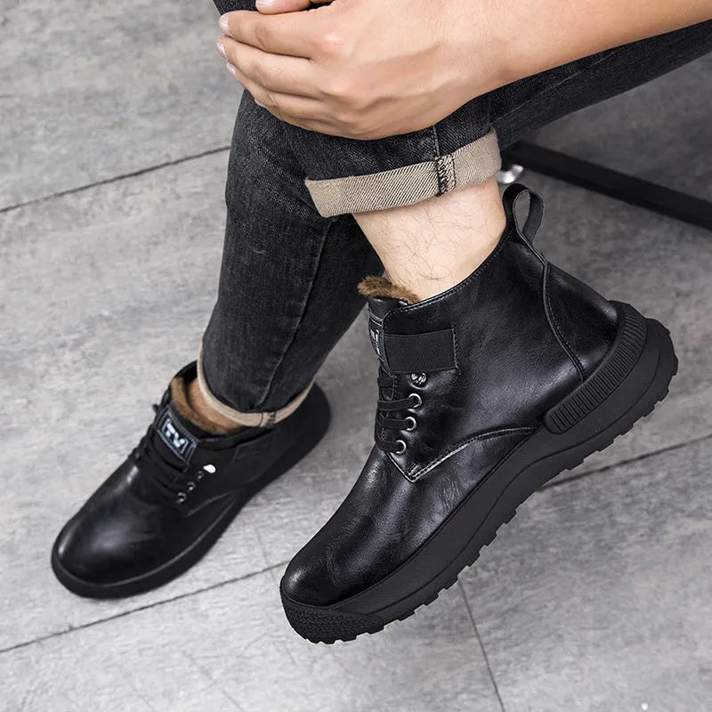 Men's black high-top Martin platform boots with artificial PU upper and rubber sole on a white background.