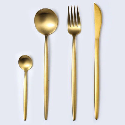 Premium stainless steel cutlery set with a mirror-polished finish, including coffee spoons, dessert spoons, main meal spoons, dessert forks, main forks, and chopsticks, presented in a stylish gift box.