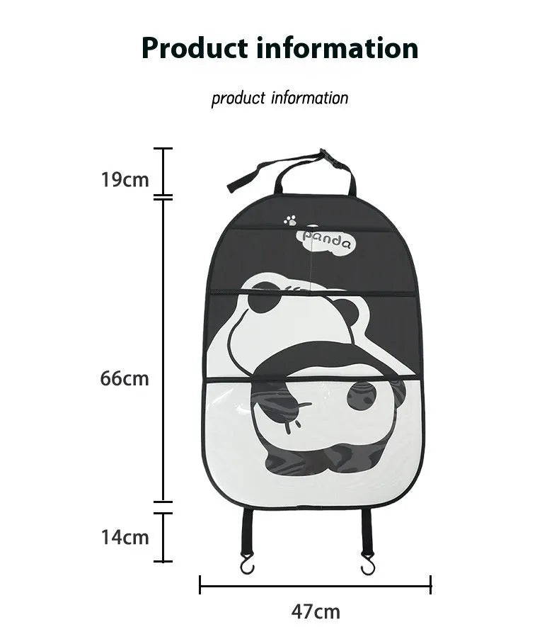 Large black and white leather Naughty Panda anti-kick pad for car backseat protection with cartoon design