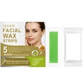 Box of gentle facial hair removal wax paper strips with jojoba oil and vitamin E