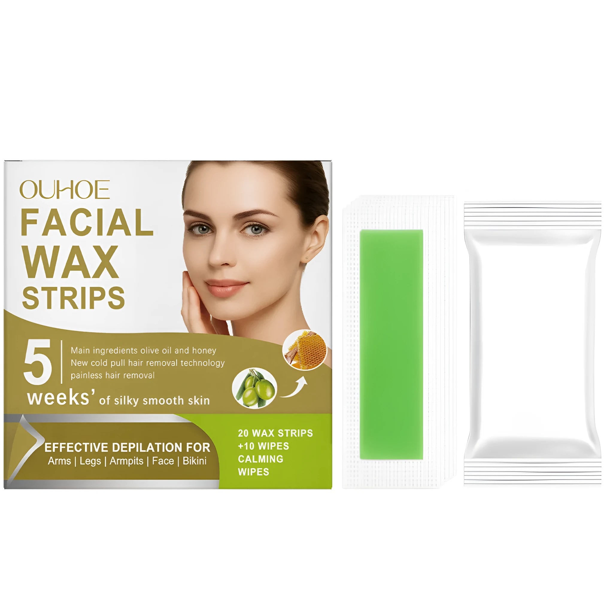 Box of gentle facial hair removal wax paper strips with jojoba oil and vitamin E