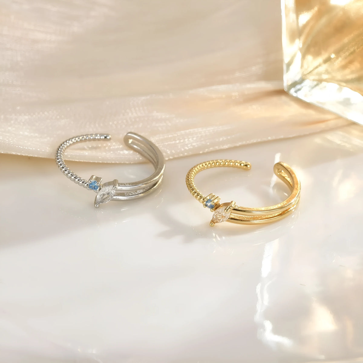 Adjustable irregular geometric ring in gold or silver electroplated copper with line detailing
