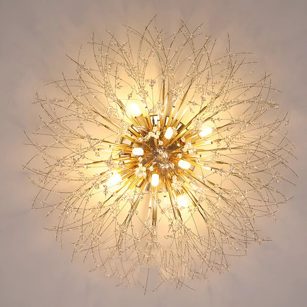 Round chrome dandelion crystal ceiling lamp with four light heads, 40cm diameter