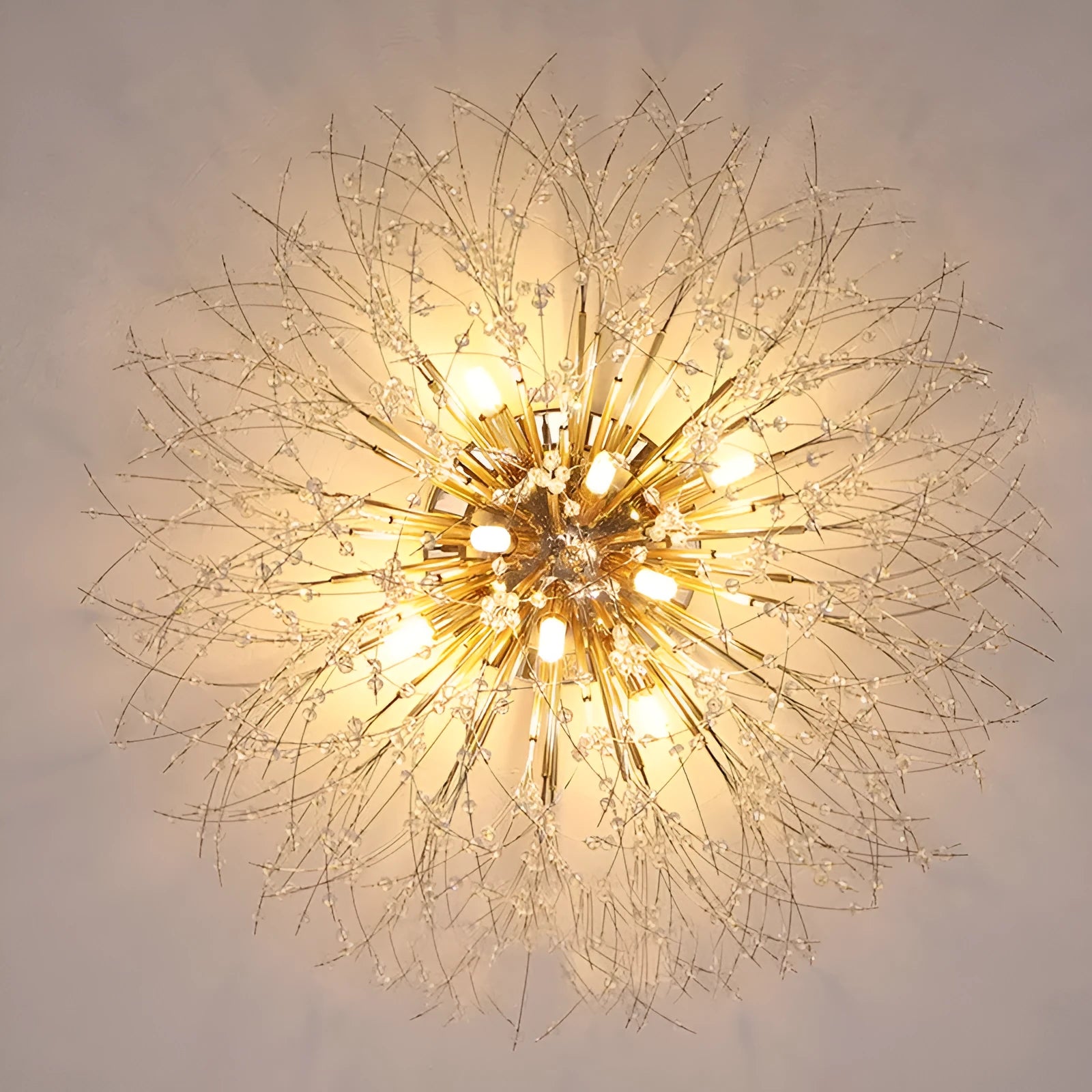 Round chrome dandelion crystal ceiling lamp with four light heads, 40cm diameter