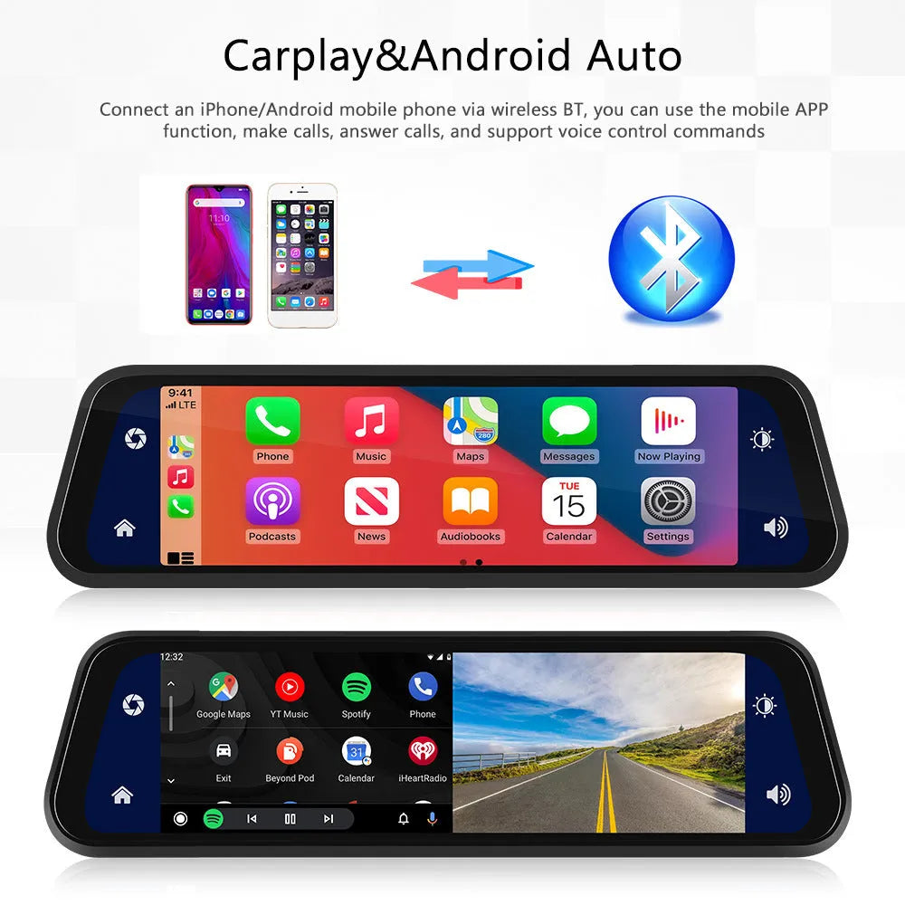 9.66-inch in-mirror car display showing split-screen view from front dashcam and waterproof rear camera.