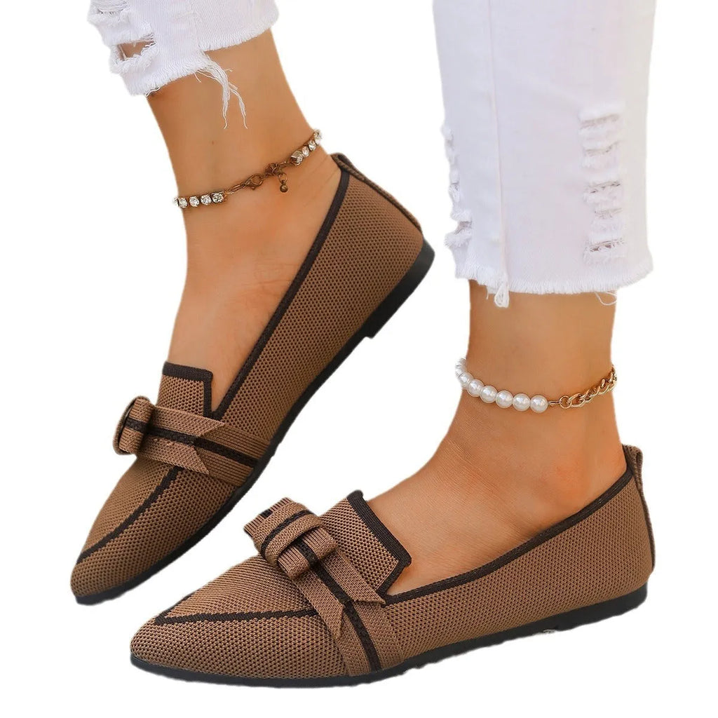 Women's fabric flat shoes with bowknot detail in brown low heel casual style