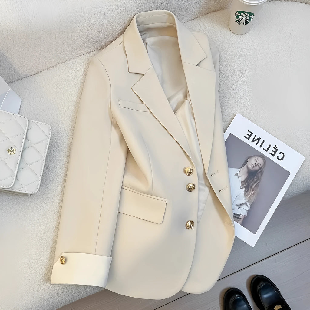 Korean-style women's polyester coat in milky white with medium length, loose fit, long sleeves and pockets