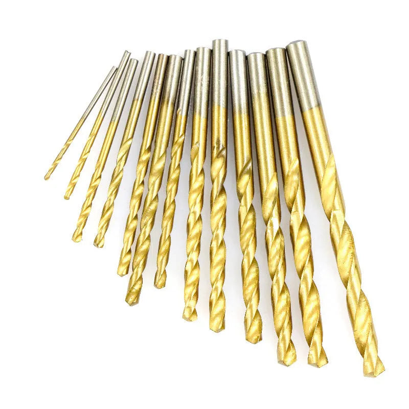 Boxed 13-piece titanium-plated twist drill set on white background