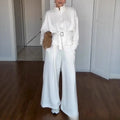 Women's polyester stand collar zip jacket and trousers suit with belt, available in white, dark brown and navy blue