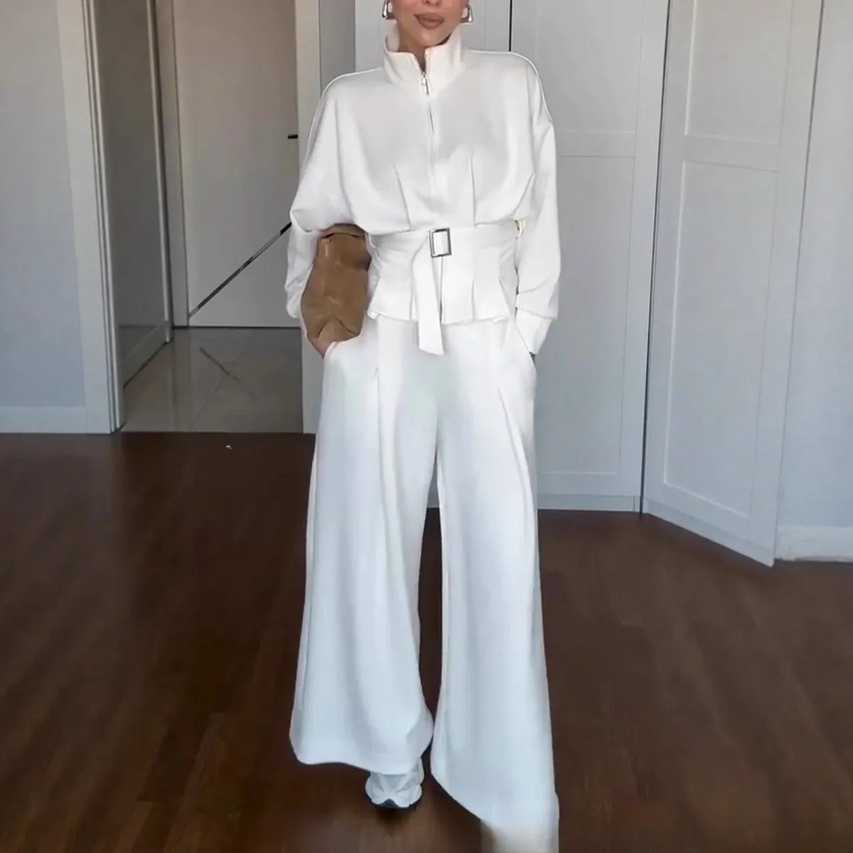 Women's polyester stand collar zip jacket and trousers suit with belt, available in white, dark brown and navy blue
