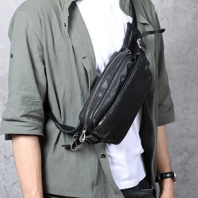 Men's small cowhide cross-body fanny pack in black, horizontal square shape, single shoulder strap