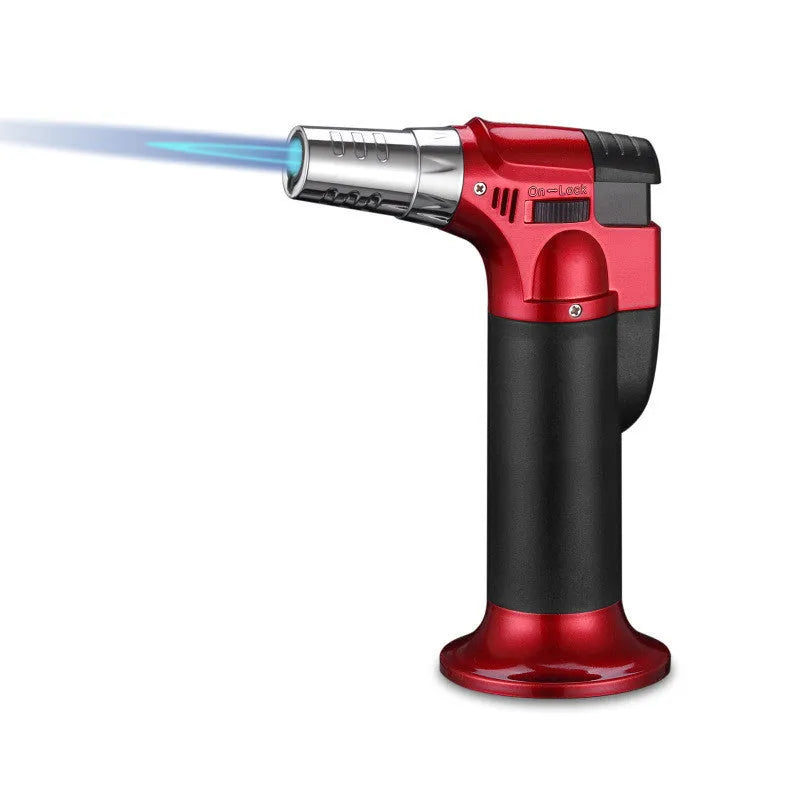 Portable straight cigar flame gun igniter in silver finish with 360° inverted ignition and butane fuel port