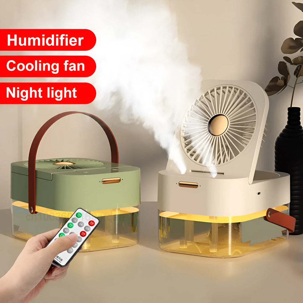 Pearl white USB desktop humidifier mist fan with water tank, remote control, and night light on a wooden desk.