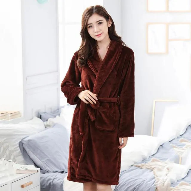 Winter flannelette wool sleep robe gown in solid colour, available for men and women, sizes M to 3XL