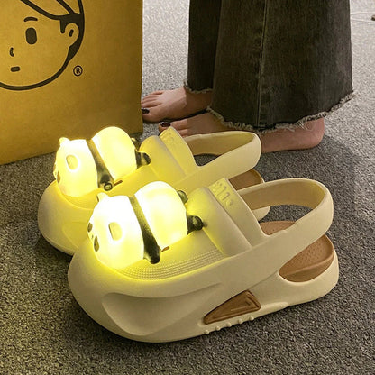 Adorable panda-themed slippers with LED lamp feature, offering cozy comfort and whimsical style for summer