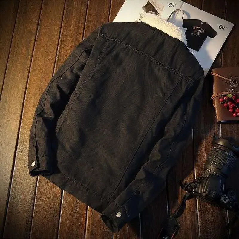 Men's fleece-lined denim coat, loose fit, long drawstring sleeves, sizes S-4XL, black light blue dark blue.