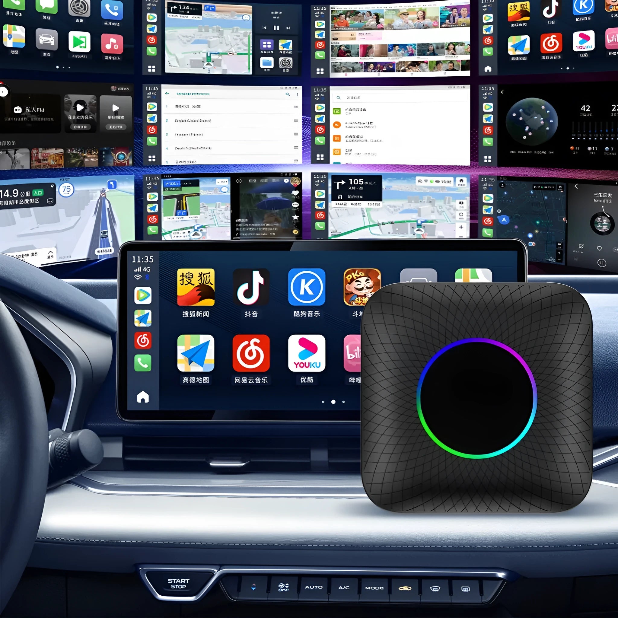 Tbox-Led wireless CarPlay adapter box with Android 13 system, showing compact square design